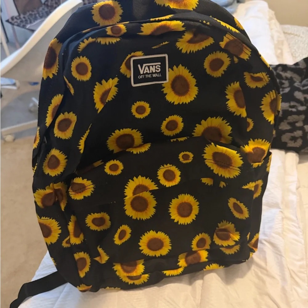 Vans Black Backpack with Yellow Sunflower Pattern